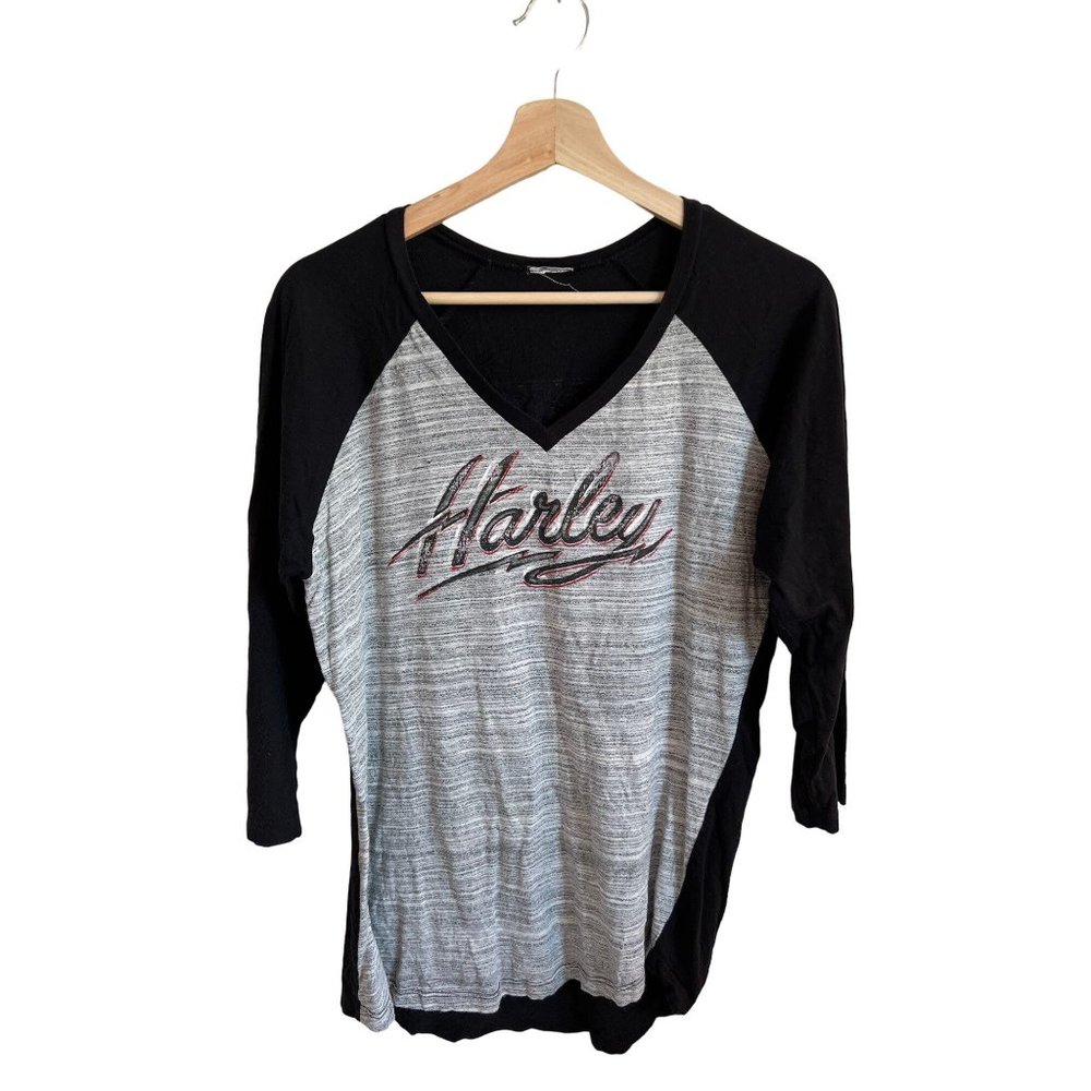 Harley Davidson Gray Black Long Sleeve V-Neck Tshirt Women's Size Medium Colorad